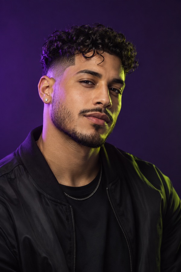Fashion portrait of a man with a textured curly fade and violet lighting